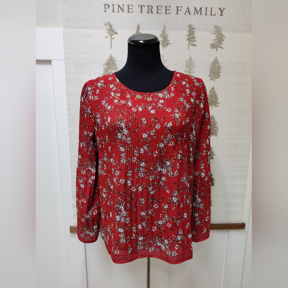 Max Studio Red Floral Pleated Long Sleeve Blouse Top Small